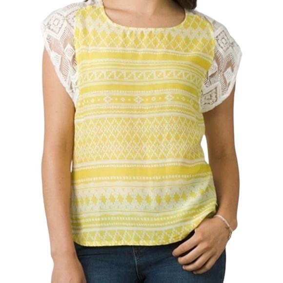 Prana Aleen Yellow Geometric Crochet Knit Short Sleeve Blouse US L - Picture 1 of 8